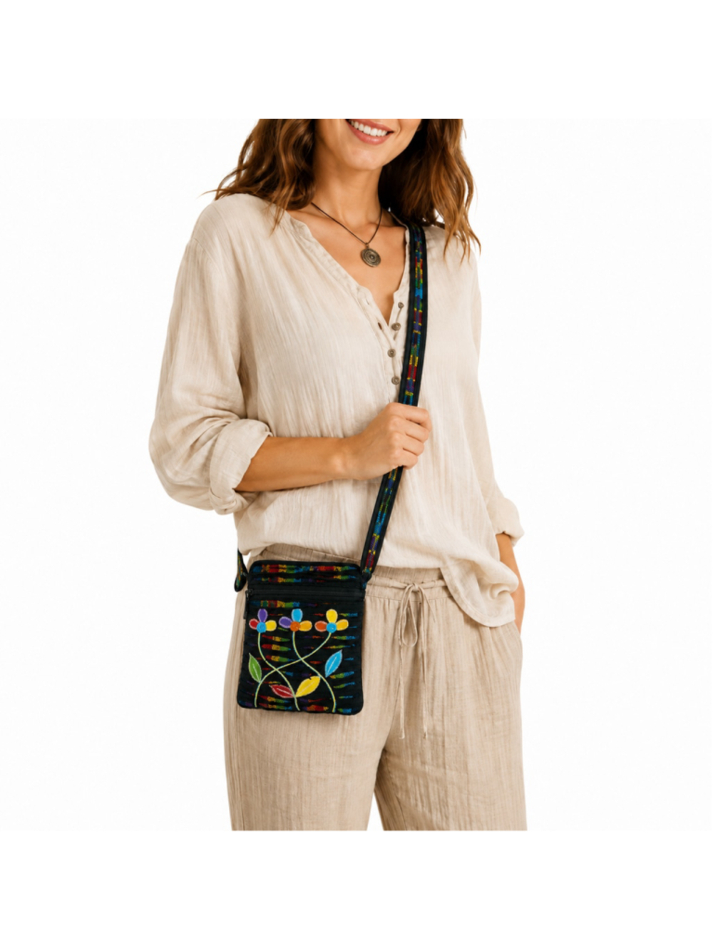 Rising International Small Black Embroidered Boho Style Crossbody Bag